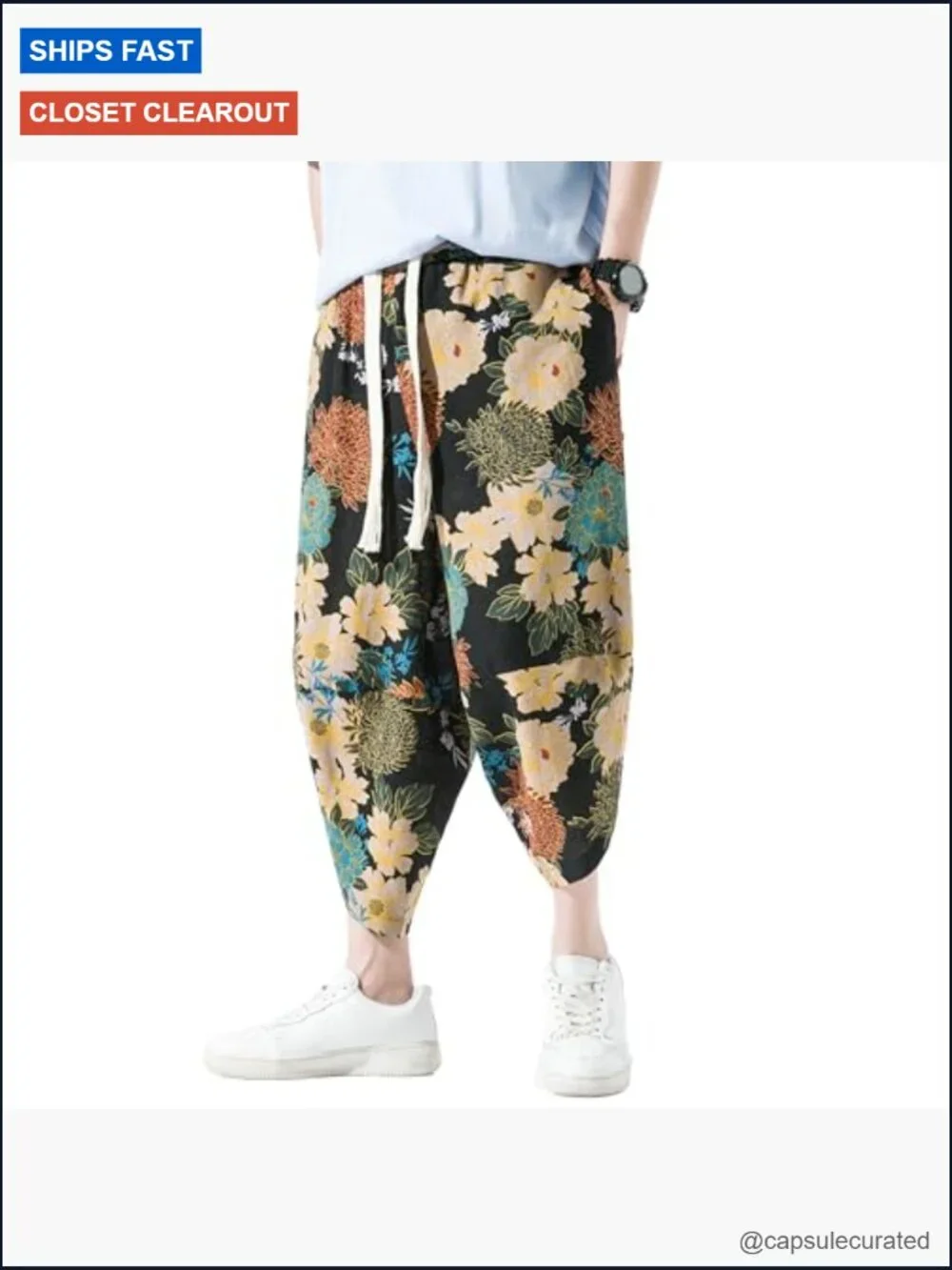 Men's Casual Wide Leg Baggy Harem Capri Pants Linen Summer Beach